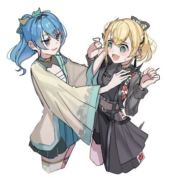 Rule 34 | 2girls, @ @, absurdres, black hairband, black shirt, black shorts, black shrug, black skirt, blonde hair, blue eyes, blue hair, blue skirt, blush, bow, chest harness, chest sarashi, commentary request, cosplay, costume switch, cowboy shot, cropped legs, double-parted bangs, egasumi, embarrassed, eye contact, flat chest, hair bow, hair ribbon, hairband, hakama, hakama short skirt, hakama skirt, hand on another's chest, haori, harness, high collar, highres, hololive, hoshimachi suisei, hoshimachi suisei (shout in crisis), japanese clothes, kazama iroha, kazama iroha (1st costume), layered skirt, long sleeves, looking at another, medium hair, miniskirt, multicolored bow, multicolored skirt, multiple girls, nagahisa, nervous sweating, official alternate costume, open mouth, overskirt, pleated skirt, ponytail, ribbon, sarashi, see-through clothes, see-through midriff, see-through sleeves, shirt, shorts, shrug (clothing), simple background, skirt, small sweatdrop, sweat, thighhighs, turtleneck, turtleneck shirt, virtual youtuber, w arms, waist cape, wavy mouth, white background, white thighhighs, wide ponytail, yellow haori