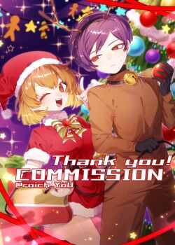 1boy 1girl absurdres animal_costume ball bell black_gloves box breasts brown_eyes brown_hair christmas christmas_ornaments christmas_tree commission cowboy_shot detached_sleeves dress dutch_angle fake_antlers fur_trim gift gift_box gloves hat highres holding holding_ball holding_strap large_breasts lobotomy_corporation looking_at_another looking_at_viewer malkuth_(project_moon) medium_hair neck_bell neck_ribbon one_eye_closed open_mouth pmchell_04 project_moon purple_hair reindeer_costume ribbon santa_costume santa_dress santa_hat short_dress short_hair smile sweat yesod_(project_moon)
