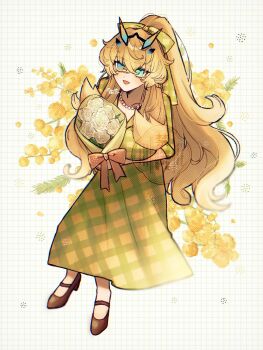 1girl barghest_(fate) blonde_hair blush bouquet breasts commentary_request dress fate/grand_order fate_(series) flower full_body green_dress green_eyes hair_ribbon high_heels high_ponytail highres horns jewelry large_breasts long_hair looking_at_viewer necklace noa_pisces open_mouth pearl_necklace ponytail ribbon sleeves_rolled_up smile solo