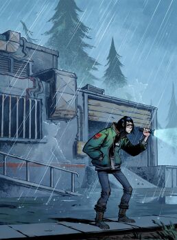 1boy 2others :< air_duct alien black_boots black_hair blue_pants boots flashlight garage grass green_jacket grey_sky hand_in_pocket highres holding holding_flashlight implied_invisibility invisible jacket multiple_others outdoors pants pavement puddle rain round_eyewear roving_neophyte sky standing tree voices_of_the_void