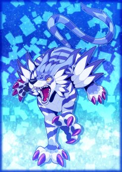 absurdres blue_background blue_fur blue_tail body_fur digimon fizzydog garurumon highres no_humans open_mouth sharp_teeth solo teeth wolf yellow_eyes