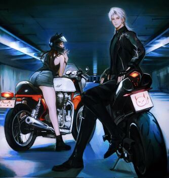 1boy 1girl animal_ear_helmet animal_ears_helmet animal_helmet bare_shoulders black_boots black_jacket black_pants black_shirt boots brown_hair bruvbruvee cat_helmet closed_mouth commentary english_commentary full_body grey_hair grey_shorts helmet highres jacket long_hair looking_at_viewer love_and_deepspace motor_vehicle motorcycle motorcycle_helmet on_motorcycle own_hands_together pants parking_garage parted_lips protagonist_(love_and_deepspace) red_eyes shirt shorts sleeveless sleeveless_shirt sylus_(love_and_deepspace)