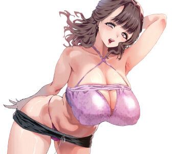 1girl arm_up armpits blush breasts brown_eyes brown_hair cleavage clothes_pull collarbone commentary_request criss-cross_halter dutch_angle earrings halterneck huge_breasts jewelry leaning_forward lips looking_at_viewer medium_hair open_mouth original panties pokkora purple_panties shiny_skin short_shorts shorts shorts_pull simple_background solo underwear white_background