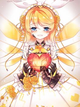 Rule 34 | 1girl, adapted costume, android, bare shoulders, black corset, black gloves, blonde hair, blue eyes, bow, bow hairband, bowtie, brooch, cable, collared dress, commentary request, corset, cowboy shot, crying, crying with eyes open, detached sleeves, dress, flower, flower brooch, frilled hairband, frills, gloves, hair between eyes, hair flower, hair ornament, hair ribbon, hairband, heart, heart print, highres, holding, holding heart, hole in chest, hole on body, jewelry, kokoro (vocaloid), large bow, light blush, light particles, looking at object, mechanical heart, mechanical wings, medium dress, medium hair, melling rl, miracle nikki, nikki (series), open mouth, passion 404 (miracle nikki), pleated dress, print dress, ribbon, rose, sad smile, see-through clothes, see-through sleeves, short sleeves, sleeveless, sleeveless dress, solo, standing, straight-on, streaming tears, tears, vocaloid, white background, white bow, white dress, white hairband, white sleeves, wings, yellow bow, yellow bowtie, yellow flower, yellow ribbon, yellow rose, yellow wings