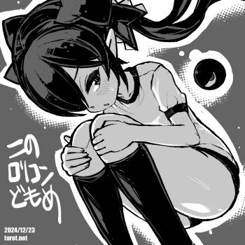 1girl :o backbeako_(torotei) backbeard blush buruma collarbone commentary dated dated_commentary dutch_angle feet_out_of_frame gegege_no_kitarou grey_background greyscale gym_shirt hair_over_one_eye hair_ribbon hugging_own_legs kneehighs kono_lolicon_domome long_hair looking_at_viewer looking_to_the_side monochrome original paid_reward_available parted_lips pointy_ears ribbon shirt short_sleeves simple_background sitting socks solo sweat torotei translated twintails v-shaped_eyebrows watermark web_address