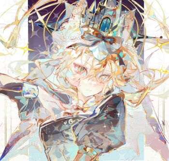 1girl absurdres black_bow blonde_hair blush bow castle closed_mouth commission eyelashes gem hair_between_eyes hair_bow hair_ornament hat highres juliet_sleeves lao_ba_ye long_hair long_sleeves looking_to_the_side mandarin_collar mihuashi_commission original pearl_(gemstone) puffy_sleeves sketch solo sparkle star_(symbol) upper_body veil watermark yellow_eyes