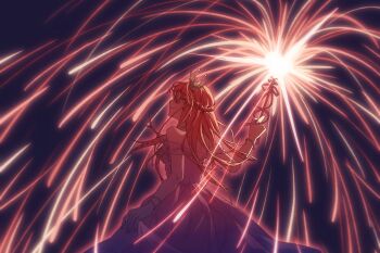 Rule 34 | 1girl, bare shoulders, bead bracelet, beads, bracelet, braid, closed eyes, closed mouth, cowboy shot, crown, dress, fingernails, fireworks, from behind, hair between eyes, half up half down braid, happy, heartwarming flame (shining nikki), highres, holding, holding wand, jewelry, littlegrandpar, long dress, long hair, mini crown, night, night sky, nikki (nikki), nikki (series), off-shoulder dress, off shoulder, outdoors, outline, pink hair, pink outline, pointy nose, purple dress, see-through clothes, see-through sleeves, shining nikki, short sleeves, shoulder blades, skirt hold, sky, smile, solo, standing, wand, white crown