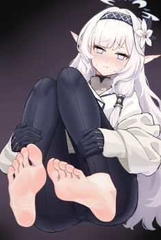 1girl absurdres barefoot blue_archive feet hairband highres himari_(blue_archive) light_blush long_hair looking_at_viewer pointy_ears purple_eyes soles styx toes white_hair