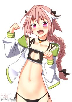 Rule 34 | 1boy, absurdres, alternate costume, artist name, astolfo (fate), black bow, blush, bow, braid, cat lingerie, dated, fang, fate/apocrypha, fate (series), hadaparuka, hair bow, hair intakes, highres, long hair, male focus, multicolored hair, navel, open mouth, paw pose, pink hair, purple eyes, simple background, single braid, skin fang, smile, solo, streaked hair, trap, two-tone hair, white background, white hair