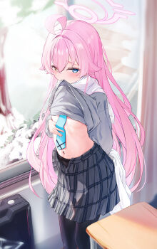 1girl absurdres ahoge black_pantyhose blue_archive blue_necktie cardigan cardigan_lift commentary dusttomato halo heterochromia highres hoshino_(blue_archive) huge_ahoge indoors long_hair looking_at_viewer mouth_hold navel necktie pantyhose pink_cardigan pink_hair pink_halo plaid_clothes plaid_skirt scarf school_uniform shield skirt solo white_scarf