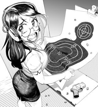 1girl chiappa_rhino collared_shirt commentary ear_protection electric_niw english_commentary glasses greyscale gun handgun hatching_(texture) long_hair monochrome open_mouth original pencil_skirt revolver shell_casing shirt silhouette_target skirt solo tearing_up teeth weapon