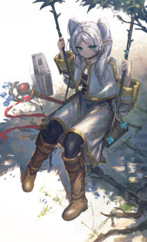 1girl absurdres black_pantyhose boots brown_boots capelet commentary earrings elf floating_earrings flower franlol frieren green_eyes grey_hair highres jewelry long_hair long_sleeves mage_staff on_swing pantyhose parted_bangs pointy_ears shirt skirt solo sousou_no_frieren staff suitcase swing twintails white_capelet white_hair white_skirt