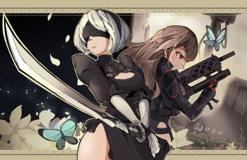 Rule 34 | 2b (nier:automata), 2girls, back-to-back, black dress, blindfold, blue butterfly, breasts, bug, butterfly, chineseninja, cleavage, closed mouth, crossover, dated, dress, goddess of victory: nikke, grey hair, highres, holding, holding sword, holding weapon, insect, letterboxed, mole, mole under mouth, multiple girls, nier:automata, nier (series), rapi (nikke), red eyes, short hair, side slit, sword, weapon