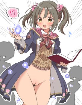 !? 1girl 2boys absurdres blue_jacket blush book bottomless bow bowtie brown_sweater collared_shirt commentary_request cowboy_shot dress_shirt emphasis_lines faceless faceless_male flying_sweatdrops grey_hair hair_between_eyes highres holding holding_book idolmaster idolmaster_cinderella_girls imai_kana jacket long_sleeves looking_at_viewer magic medium_hair multiple_boys ohana._(komachi) open_clothes open_jacket open_mouth pussy red_bow red_bowtie shirt short_twintails sidelocks standing surprised sweat sweater teeth thighs twintails upper_teeth_only v-neck white_shirt yellow_eyes