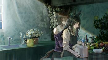 2girls agnes_tachyon_(umamusume) animal_ears apron black_hair blush bottle bowl brown_hair closed_eyes closed_mouth commentary_request day faucet flower green_apron highres horse_ears horse_girl horse_tail hug hug_from_behind indoors kitchen long_hair m_u_s_i_n manhattan_cafe_(umamusume) medium_hair mixing_bowl multiple_girls night off-shoulder_shirt off_shoulder open_mouth purple_shirt shirt sink smile sunlight tail umamusume white_flower white_shirt window yuri