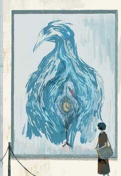 1girl bag bangqiao_yan bird black_hair bob_cut brown_dress cowboy_shot dress from_side impressionism mini_person minigirl original painting_(object) short_hair shoulder_bag stanchion stork