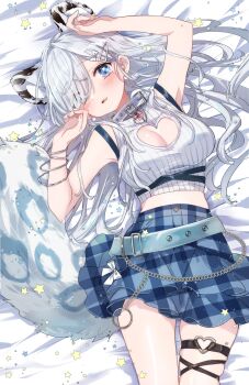 1girl absurdres arm_up armpits bangle bare_arms bare_shoulders bed_sheet belt blue_eyes blue_skirt bra_strap bracelet breasts cleavage cleavage_cutout clothing_cutout collar crop_top extra_ears eyes_visible_through_hair fang hair_ornament hair_spread_out hairclip hand_up heart heart_cutout heart_o-ring high-waist_skirt highres indie_virtual_youtuber jewelry kklloo1 large_breasts long_hair looking_at_viewer loose_belt lying midriff mole mole_under_eye o-ring on_back open_mouth plaid_clothes plaid_skirt ren_kohaku_(vtuber) ribbed_shirt second-party_source shirt skindentation skirt sleeveless sleeveless_shirt snow_leopard_ears snow_leopard_girl snow_leopard_tail solo thigh_strap thighs unmoving_pattern virtual_youtuber white_collar white_hair white_shirt