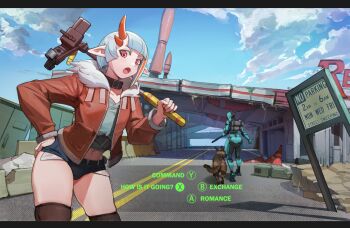 1boy ada_(fallout_4) black_footwear black_thighhighs blue_sky blunt_bangs bulge cloud collar collarbone crop_top day dogmeat english_text fallout fallout_4 grey_hair highres jacket long_sleeves looking_at_viewer micro_shorts multicolored_hair navel niss_(sintrybest) open_mouth orange_hair outdoors red_eyes red_jacket short_hair shorts sin_(sintrybest) sky streaked_hair thighhighs trap