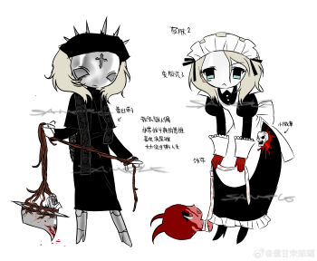 1girl absurdres axe blonde_hair blood blue_eyes chinese_commentary chinese_text commentary_request cross gloves highres maid maid_headdress original red_gloves skeleton skull weibo_5878473408