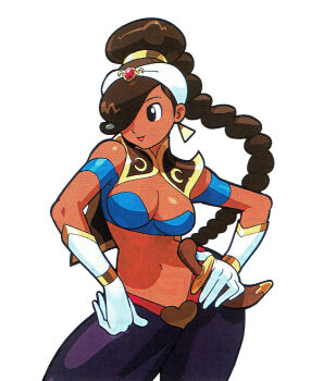 1girl bare_shoulders black_eyes breasts brown_hair cleavage contrapposto dancer dark-skinned_female dark_skin earrings female_focus gloves hair_over_one_eye highres jewelry large_breasts midriff navel official_art ponytail power_stone red_lips rouge_(power_stone) simple_background solo tagme white_background