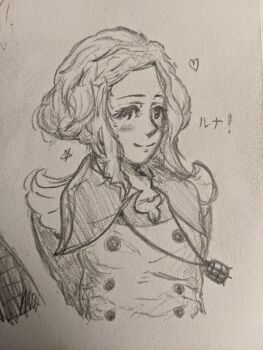 Rule 34 | 1girl, aqua eyes, arms behind back, blouse, closed mouth, commentary, cropped torso, english commentary, eyelashes, greyscale, heart, highres, jewelry, kurashikimisaki, kyokugen dasshutsu, kyokugen dasshutsu adv: zennin shibou desu, luna (kyokugen dasshutsu), monochrome, necklace, shirt, short hair, sidelocks, simple background, smile, solo, star (symbol), traditional media, translation request, vest, white background