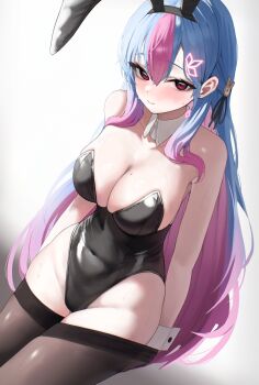 1girl absurdres adjusting_clothes adjusting_legwear animal_ear_hairband animal_ears arms_at_sides bing_hayu black_hairband black_leotard black_ribbon black_thighhighs blue_hair breasts clock_hair_ornament closed_mouth collar colored_inner_hair commentary covered_navel cowboy_shot detached_collar dutch_angle fake_animal_ears gigabani hair_ribbon hairband highres huge_breasts leotard long_hair looking_at_viewer luvdia mole mole_on_breast multicolored_hair parted_bangs pink_eyes pink_hair playboy_bunny rabbit_ear_hairband rabbit_ears ribbon skindentation solo strapless strapless_leotard streaked_hair sweat symbol-only_commentary thighhighs two-tone_hair very_long_hair virtual_youtuber white_collar white_wrist_cuffs wing_collar wrist_cuffs