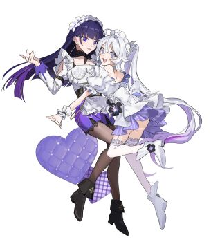 Rule 34 | 2girls, absurdres, alternate costume, apron, bare shoulders, black boots, black pantyhose, blue eyes, boots, box, commentary request, dress, earrings, enmaided, falling petals, full body, gift, gift box, grey hair, highres, honkai (series), honkai impact 3rd, jewelry, kiana kaslana, kiana kaslana (herrscher of finality), long hair, long sleeves, looking at viewer, maid, maid apron, maid headdress, multicolored eyes, multiple girls, open mouth, pantyhose, petals, ponytail, purple eyes, purple hair, raiden mei, raiden mei (apho), short sleeves, smile, standing, standing on one leg, thighhighs, uehara suiyo, white boots, white thighhighs