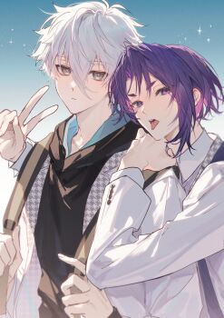 2boys backpack bag blue_lock buttons closed_mouth commentary doran_(doran7280) grey_eyes hair_between_eyes hakuho_high_school_uniform highres hood hoodie long_sleeves looking_at_viewer male_focus multiple_boys nagi_seishirou purple_eyes purple_hair school_uniform short_eyebrows short_hair sparkle symbol-only_commentary tongue tongue_out upper_body v white_hair