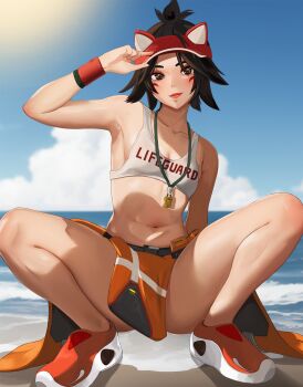 1girl bow bowtie breasts brown_eyes collarbone hat highres kiriko_(lifegaurd)_(overwatch) kiriko_(overwatch) lifeguard lifeguard_kiriko makeup navel overwatch overwatch_2 separated_legs shirt sitting suzusiron thick_thighs thighs whistle