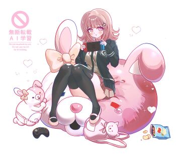 1girl :o animal_bag blush breasts brown_hair brown_skirt cat_bag da15uki danganronpa_(series) danganronpa_2:_goodbye_despair diaper flipped_hair food hair_ornament handheld_game_console hashtag-only_commentary highres holding holding_handheld_game_console jacket long_sleeves looking_at_viewer medium_hair monomi_(danganronpa) nanami_chiaki open_clothes open_jacket pink_bag pink_eyes pleated_skirt shirt shoes skirt thighhighs two-tone_shirt watermark white_shirt