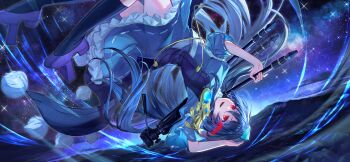 1girl armor artist_request black_socks blue_dress blue_hair blue_hat coat dress frilled_dress frills game_cg geta hat holding holding_tripod iizunamaru_megumu kneehighs long_hair long_sleeves night night_sky non-web_source official_art open_mouth outdoors pauldrons pom_pom_(clothes) purple_shoes red_eyes ribbon-trimmed_dress ribbon_trim shoes shoulder_armor shoulder_guard single_pauldron sky sleeveless sleeveless_coat smile socks solo star_(sky) starry_sky tengu-geta tokin_hat touhou touhou_gensou_eclipse tripod upside-down very_long_hair