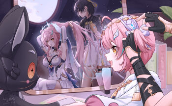 Rule 34 | 2girls, adoptive parent and adoptive child, aemeath (wuthering waves), aemeath (young) (wuthering waves), ahoge, arms up, black gloves, black hair, black jacket, book, bow, breasts, cleavage, comb, commentary request, dated, different reflection, dress, female rover (perpetual spark) (wuthering waves), female rover (wuthering waves), fingerless gloves, gloves, hair bow, hair ornament, hairband, highres, holding, holding comb, holy guagua, jacket, medium breasts, mother and daughter, mouth hold, multiple girls, official alternate costume, open mouth, orange eyes, pink hair, reflection, rover (wuthering waves), signature, smile, star-shaped pupils, star (symbol), stuffed animal, stuffed cat, stuffed toy, symbol-shaped pupils, tying another's hair, white bow, white dress, white hairband, wuthering waves