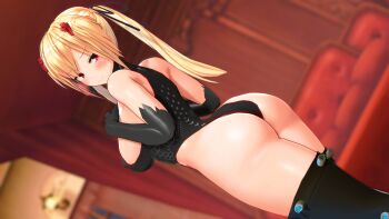1girl 3d ass bare_shoulders black_leotard black_thighhighs blonde_hair blush breasts curvy elbow_gloves female_focus from_behind gloves highleg highleg_leotard highres large_breasts leotard long_hair looking_at_viewer looking_back minamo_rm original red_eyes sideboob solo thick_thighs thighhighs thighs twintails wide_hips