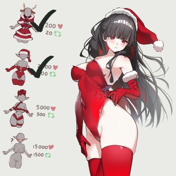 1girl absurdres bare_shoulders black_hair breasts chisa_(wuthering_waves) christmas cleavage commentary cowboy_shot elbow_gloves english_commentary gloves hat highres leotard long_hair red_eyes red_hat red_leotard red_thighhighs santa_hat shaoviie solo strapless strapless_leotard thighhighs twitter_strip_game twitter_strip_game_parody wuthering_waves