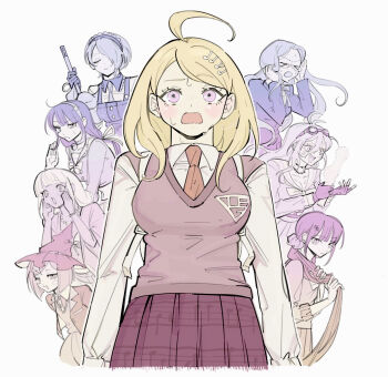 >_< 6+girls ahoge akamatsu_kaede annoyed antenna_hair apron backpack bag bead_bracelet bead_necklace beads bell belt bikini bikini_ribbon blonde_hair blue_apron blue_hair blue_hairband blue_jacket blunt_bangs blunt_ends blush bob_cut bow bowtie bracelet breasts broom buttons chabashira_tenko choker cleavage closed_eyes closed_mouth collarbone collared_jacket collared_shirt commentary covering_own_ears crazy crazy_smile crest cropped_legs danganronpa_(series) danganronpa_v3:_killing_harmony dark-skinned_female dark_skin dot_nose expressionless eyelashes fighting_stance fingerless_gloves fortissimo frilled_hairband frilled_shirt_collar frills frown furrowed_brow glasses gloves goggles goggles_on_head gradient_hair grey_bow grey_bowtie grey_necktie hair_between_eyes hair_bow hair_ornament hair_over_one_eye hair_ribbon hair_scrunchie hairband hairclip hands_on_own_chest harukawa_maki hat high_belt highres holding holding_broom holding_own_hair infinity_symbol iruma_miu jacket jewelry lapels large_breasts layered_sleeves leaning_forward long_hair long_sleeves looking_at_viewer low_twintails midriff mole mole_under_mouth morning_(d0nteat) multicolored_hair multiple_girls musical_note musical_note_hair_ornament musical_note_print navel neck_bell necklace necktie nervous_sweating notched_lapels o-ring o-ring_belt open_clothes open_jacket open_mouth orange_eyes orange_hair orange_jacket orange_necktie orange_shirt orange_skirt orange_vest paintbrush pink-framed_eyewear pink_belt pink_eyes pink_gloves pink_hair pink_raincoat pink_serafuku pink_shirt pink_skirt pink_vest pleated_skirt pocket purple_choker purple_eyes purple_hair purple_scrunchie purple_skirt putting_on_gloves rainbow_gradient raincoat red_hat ribbon round_eyewear sailor_collar scared school_uniform scrunchie serafuku shell shell_necklace shirogane_tsumugi shirt short_hair simple_background skirt skirt_set smile smug spider_web_print straight-on straight_hair studded_gloves sweat sweatdrop swimsuit tojo_kirumi twintails v-neck vest white_background white_bag white_bikini white_bow white_bowtie white_ribbon white_sailor_collar white_shirt witch_hat yellow_belt yellow_skirt yonaga_angie yumeno_himiko