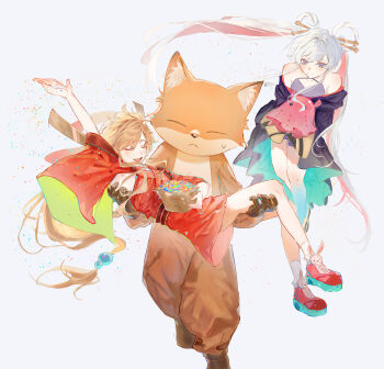 Rule 34 | 3girls, absurdres, animal costume, arm up, basket, blonde hair, blue kimono, cho kaguya-hime!, colored inner hair, commentary, confetti, fang, fox costume, hair ornament, hair rings, hair stick, highres, japanese clothes, kaguya (cho kaguya-hime!), kimono, long hair, low-tied long hair, multicolored hair, multiple girls, nishiyos, off shoulder, onesie, open mouth, pink hair, red kimono, red shoes, runami yachiyo, sakayori iroha, shoes, simple background, twintails, untranslatable commentary, very long hair, white background