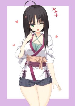 Rule 34 | +++, 1girl, ;d, ahoge, arm at side, black hair, black shorts, blunt ends, blush, border, breasts, casual, commentary, criss-cross halter, green eyes, green shirt, hair between eyes, hair ornament, halterneck, hand up, heart, hitachi mako, index finger raised, japanese clothes, kanaya (cybelekanaya), kimono, large breasts, long sleeves, looking at viewer, official alternate costume, one eye closed, open mouth, orange sash, outside border, purple border, senren banka, shirt, short hair with long locks, short shorts, shorts, simple background, sleeves rolled up, smile, solo, straight hair, thigh gap, thighs, white background, white kimono, x hair ornament