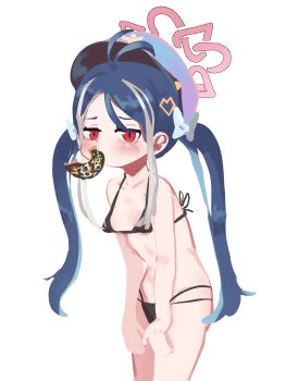 Rule 34 | 1girl, :i, absurdres, alternate costume, antenna hair, bare arms, bikini, black bikini, blue archive, blue hair, body blush, bow, breasts, donut, ears visible through hair, food, fubuki (blue archive), grey hair, hair bow, hair ornament, halo, hat, heart, heart hair ornament, highleg, highleg bikini, highres, jitome, leaning forward, lulubelleiii, mouth hold, multicolored hair, navel, parted bangs, police hat, red eyes, shiny skin, sidelocks, simple background, small breasts, solo, sprinkles, streaked hair, swimsuit, twintails, white background, white bow
