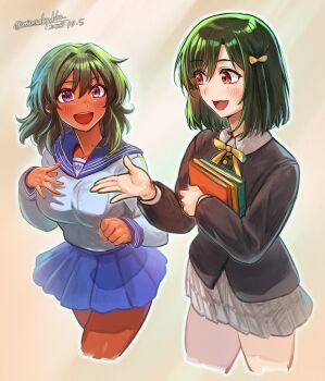 2girls absurdres black_jacket blue_sailor_collar blue_skirt blush book breasts cropped_legs crossover dark-skinned_female dark_skin dated duralu500 fang green_hair grey_skirt highres holding holding_book idolmaster idolmaster_cinderella_girls jacket long_sleeves love_live! love_live!_nijigasaki_high_school_idol_club medium_hair mifune_shioriko multiple_girls natalia_(idolmaster) nijigasaki_school_uniform open_mouth pleated_skirt purple_eyes red_eyes sailor_collar school_uniform serafuku signature skirt smile standing