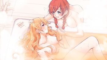 2010s 2019 2girls artist_name bath bathing bathroom bathtub blush braid breast_rest breasts brown_hair censored closed_mouth convenient_censoring dated emma_verde female_focus flying_sweatdrops green_eyes hair_censor hair_over_breasts half-closed_eyes holding_hands konoe_kanata large_breasts light_smile long_hair love_live! love_live!_school_idol_festival_all_stars medium_breasts multiple_girls nude open_mouth partially_submerged purple_eyes same-sex_bathing sansensui shared_bathing water wet worried yuri