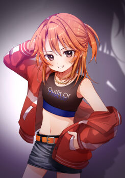 1girl blush breasts commentary_request crop_top denim denim_skirt idolmaster idolmaster_cinderella_girls jacket jacket_partially_removed jewelry miniskirt navel necklace one_side_up orange_hair red_jacket shadow single_bare_shoulder skirt small_breasts smile solo thighs yuuki_haru zero7shi