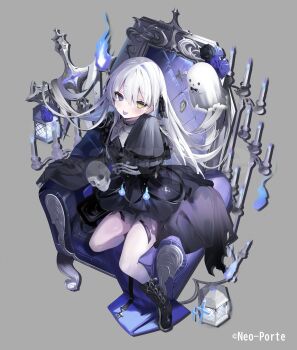 1girl absurdres bare_legs black_boots black_dress blue_fire boots candle candlestand chair colored_tongue commentary_request dress fire ghost grey_background head_tilt heterochromia highres kasukano_uturo lantern long_hair long_sleeves looking_at_viewer mirror neo-porte official_art onodera_nire picture_frame purple_eyes purple_tongue simple_background skull smile solo torn_clothes torn_dress very_long_hair virtual_youtuber white_hair yellow_eyes