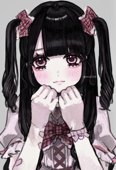 1girl aegyo_sal black_hair blush bow bracelet clenched_hands closed_mouth grey_background hair_between_eyes hair_bow hand_rest hands_on_own_chin highres jewelry jirai_kei light_smile long_hair looking_at_viewer min_(mts2314) original parted_lips pink_eyes puffy_short_sleeves puffy_sleeves red_bow short_sleeves two_side_up upper_body