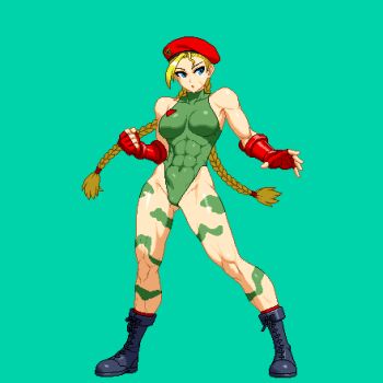 1girl aoi_ship beret blonde_hair blue_eyes boots braid braided_twintails breasts cammy_white covered_abs facial_scar fingerless_gloves full_body gloves green_background green_leotard hair_pulled_back hat leg_tattoo leotard long_hair low_twintails medium_breasts muscular muscular_female pixel_art red_gloves scar scar_on_cheek scar_on_face solo standing street_fighter tattoo twintails variant_set very_long_hair