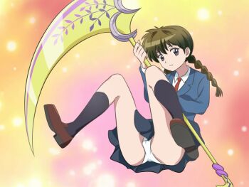 Rule 34 | 1girl, blue eyes, braid, brown hair, female focus, kneehighs, kyoukai no rinne, loafers, looking at viewer, m o (prftz), mamiya sakura, miniskirt, necktie, panties, pantyshot, school uniform, scythe, shoes, skirt, socks, solo, twin braids, underwear, white panties
