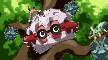 antennae blacknirrow bug evolutionary_line forretress gen_2_pokemon highres horns in_tree ledyba nintendo no_humans outline pineco pokemon pokemon_(creature) pokemon_focus red_eyes single_horn spinarak tree white_outline