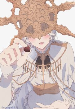 1boy arm_up artist_name blush candy chocolate chocolate_heart commentary_request covered_eyes crown dark_souls_(series) dark_souls_i dark_sun_gwyndolin food heart heart-shaped_food highres holding holding_chocolate holding_food male_focus open_mouth simple_background solo susukeya trap twitter_username white_background white_hair