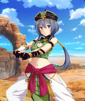 1girl armlet black_armlet black_gloves blue_eyes blue_hair blue_sky bracer breasts cleavage cleavage_cutout clothing_cutout cloud cosplay crop_top day desert feet_out_of_frame game_cg gloves green_hat green_shirt hair_ornament hairclip hat hip_vent interlocked_fingers jewelry journey_to_the_west large_breasts long_hair lunging midriff mole mole_under_eye navel official_art outdoors outstretched_arms pants parted_lips partially_fingerless_gloves pelvic_curtain red_sash sash setouchi_chie sha_wujing sha_wujing_(cosplay) shirt sidelocks sky sleeveless sleeveless_shirt solo third-party_source toji_no_miko toji_no_miko:_kizamishi_issen_no_tomoshibi white_pants