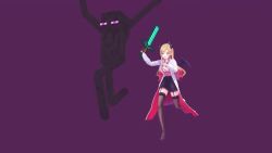 +_+ 1girl 1other 3d 60+fps :d animated audible_music black_footwear black_skin black_skirt blonde_hair blush breasts brown_thighhighs chasing chrome_(chrome_ismkhm) cleavage coat collarbone colored_skin demon_girl demon_horns demon_tail demon_wings enderman frilled_shirt frills full_body garter_straps green_eyes hand_up high_heels holding holding_sword holding_weapon hololive horns lace_trim large_breasts loading_screen long_coat long_hair long_legs long_sleeves looking_at_another mikumikudance_(medium) minecraft minecraft_sword miniskirt multicolored_hair open_clothes open_coat open_mouth pencil_skirt pink_shirt pointy_ears purple_eyes running shirt sidelocks skirt sleeves_past_wrists smile sound strappy_heels swept_bangs sword tail tattoo thighhighs video virtual_youtuber weapon white_coat wing_collar winged_heart winged_heart_tattoo wings yuzuki_choco yuzuki_choco_(1st_costume) zettai_ryouiki