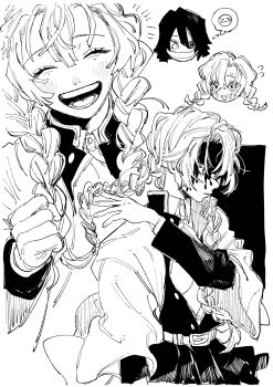 Rule 34 | 1boy, 1girl, absurdres, bandages over mouth, belt, black hair, black jacket, blood, blood on face, blush, braid, breasts, chibi, chibi inset, cleavage, closed eyes, commentary, demon slayer uniform, flying sweatdrops, greyscale, hair between eyes, hair over shoulder, haori, heterochromia, highres, iguro obanai, jacket, japanese clothes, kanroji mitsuri, kimetsu no yaiba, kome uo, long hair, medium breasts, mole, mole under each eye, mole under eye, monochrome, multiple moles, open clothes, open jacket, open mouth, parted bangs, plunging neckline, short hair, smile, sweatdrop, symbol-only commentary, twin braids, white belt